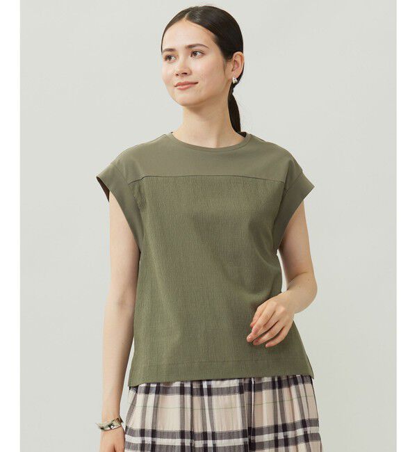 自由区「【カタログ掲載・洗える】リネンサッカーコンビブロッキング カットソー」|Tシャツ・カットソー|オリーブ