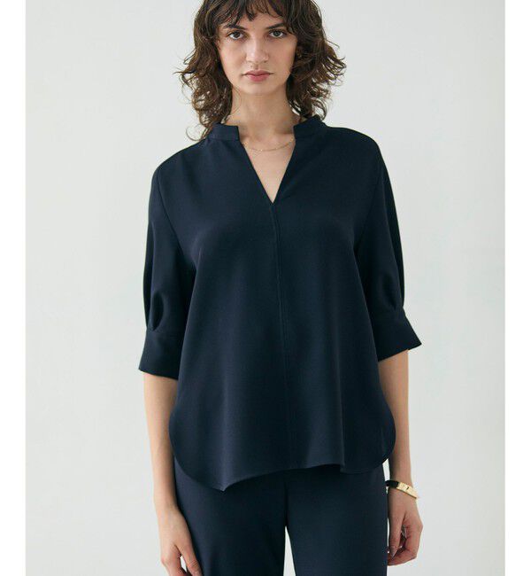 BEIGE,「【ご好評につき追加生産決定・洗える】FLEUR / スタンドカラープルオーバーブラウス」|シャツ・ブラウス|Navy