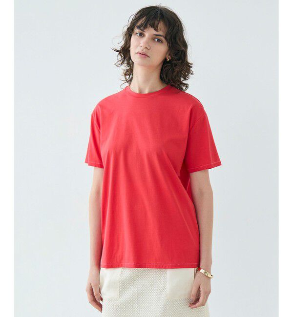 BEIGE,「【洗える】VERONICA / カラーステッチ半袖クルーネックＴシャツ」|Tシャツ・カットソー|Poppy Red