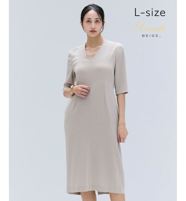 BEIGE,「【洗える・L-size】CINDY / Vネックハーフスリーブワンピース」|ワンピース|Taupe x White