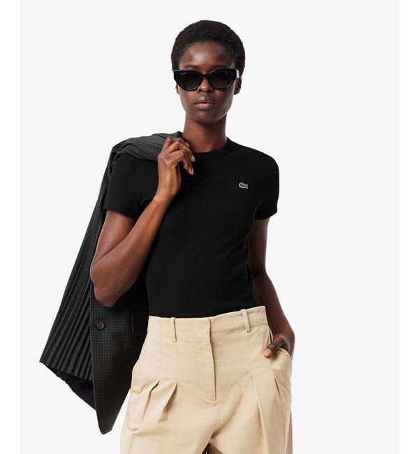 LACOSTE「タイトフィットリブニットTシャツ」|シャツ・ブラウス|ブラック