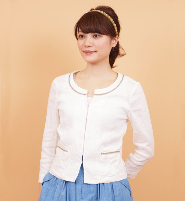  「RINERO麻ブレード付きノーカラージャケット」|ノーカラージャケット|オフホワイト