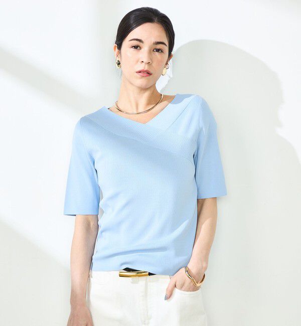 NOLLEY'S sophi「《手洗い可能》カシュクール風5分袖プルオーバーニット」|ニット・セーター|サックス