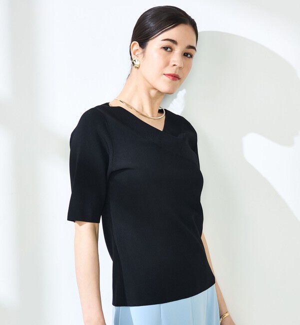 NOLLEY'S sophi「《手洗い可能》カシュクール風5分袖プルオーバーニット」|ニット・セーター|ブラック