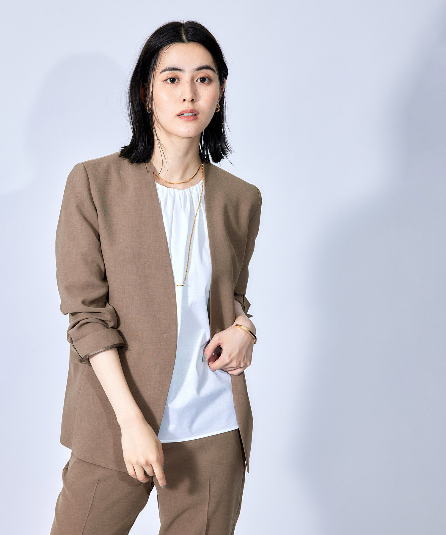 ROPE「ハイツイストカラーレスジャケット/セット対応」|ノーカラージャケット|ブラウン(22)