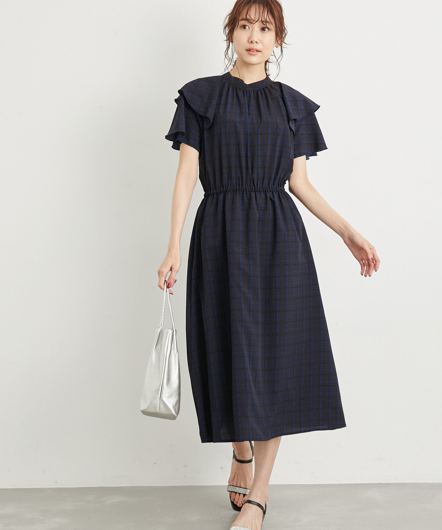 Rope&rsquo;Picnic「リンクコーデ/アソート柄ラッフルスリーブワンピース」|ワンピース|ネイビー系(41)