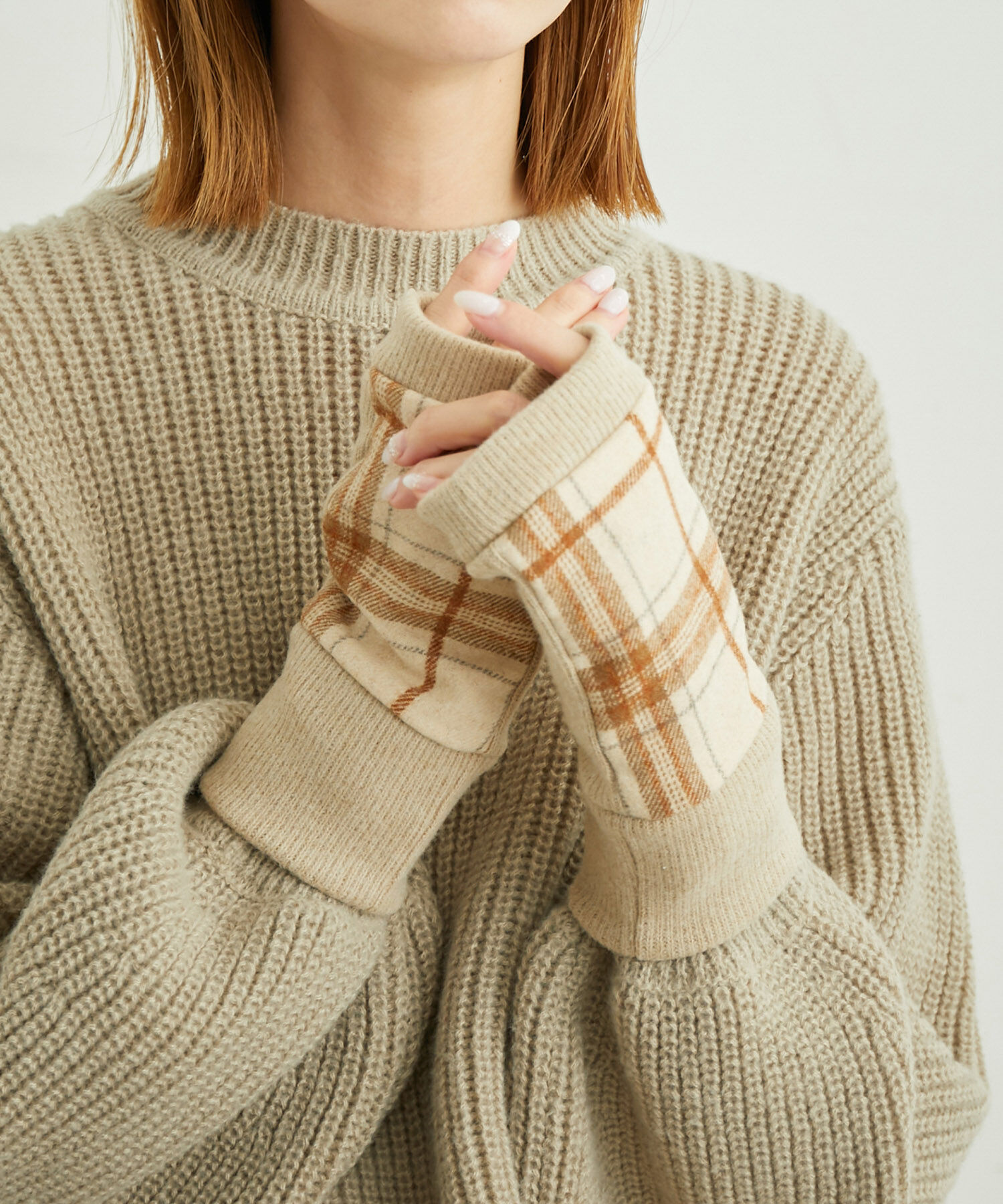 ROPE PICNIC PASSAGE「チェックフィンガーレスグローブ」|手袋|ベージュ系(28)