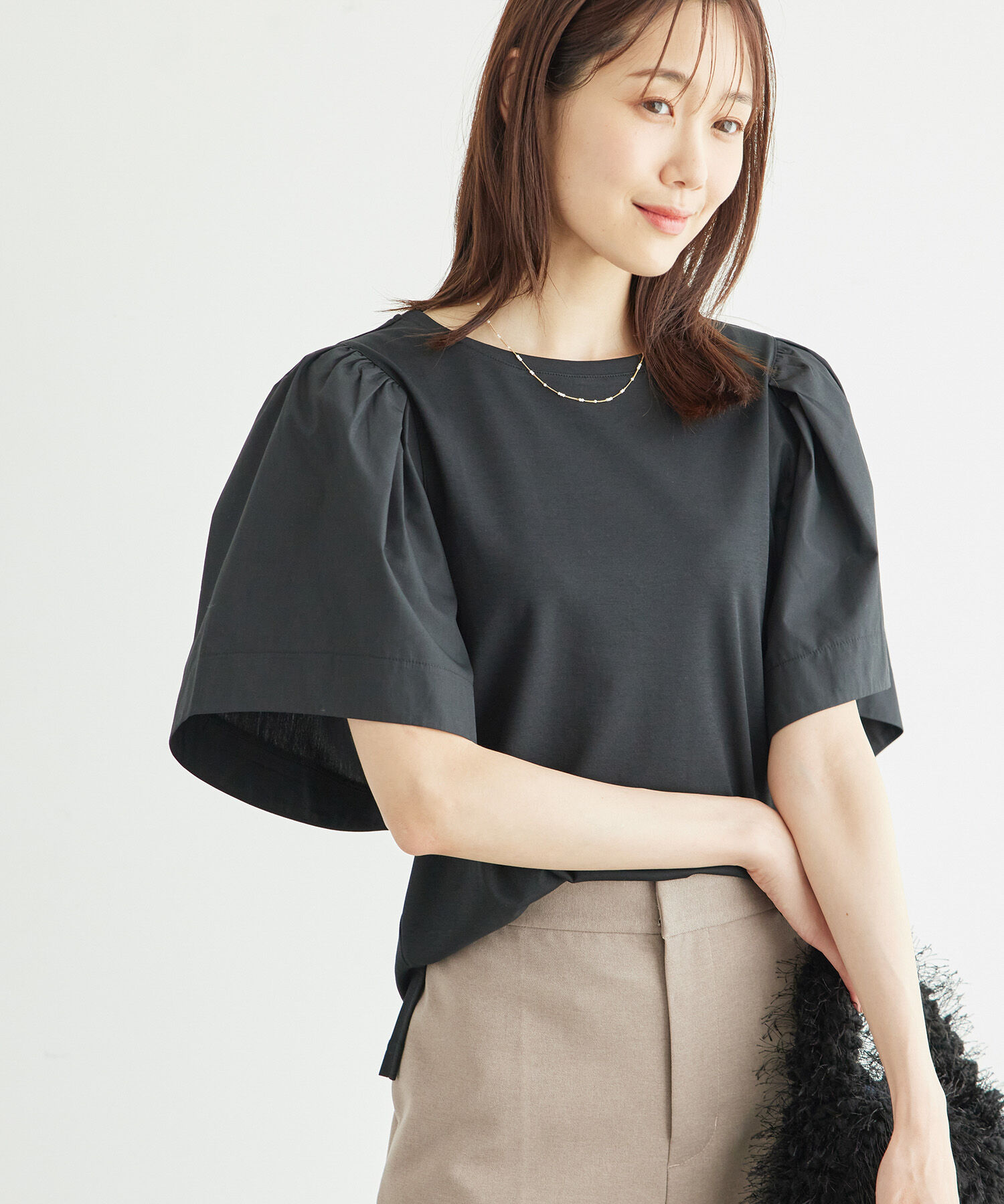 Rope&rsquo;Picnic「布帛ボリューム袖カットソートップス」|Tシャツ・カットソー|ブラック(01)