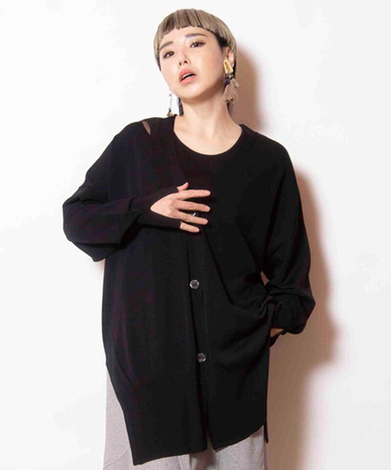  「シアー切替ニットカーディガン」|ニット・セーター|BLACK