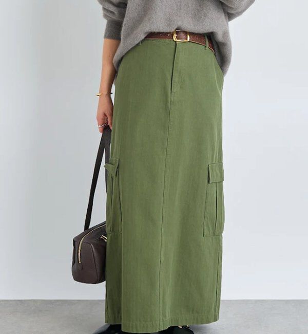  「【MONN.:.(モン)】カーゴマキシスカート」|スカート|カーキ