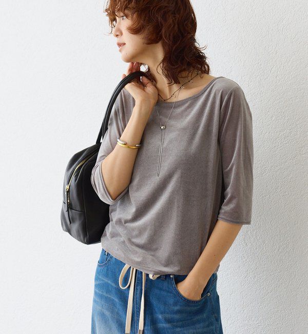  「【こなれ感抜群】シアーベロア5分袖Tee」|Tシャツ・カットソー|グレー