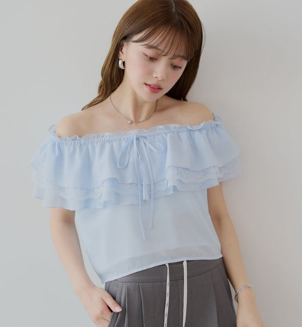  「オフショルレースフリルブラウス」|シャツ・ブラウス|ブルー