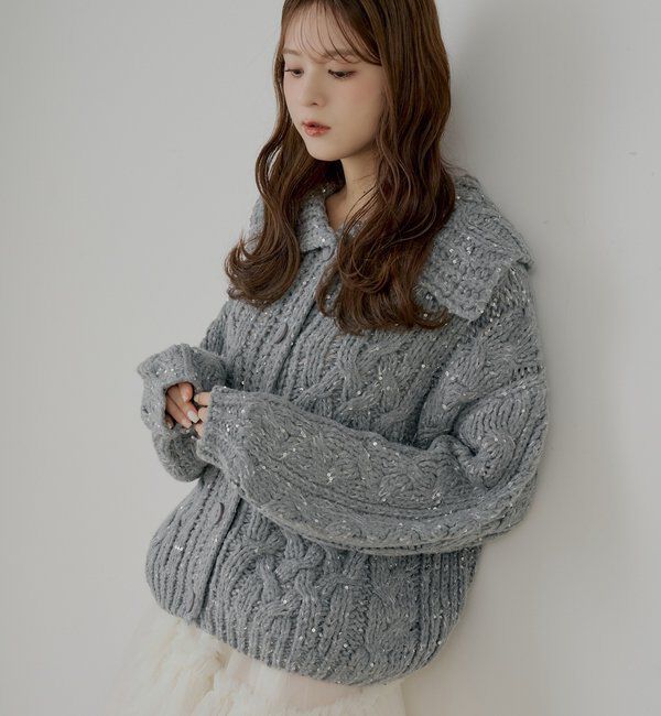  「スパンコールケーブルルーズカーディガン」|カーディガン|グレー