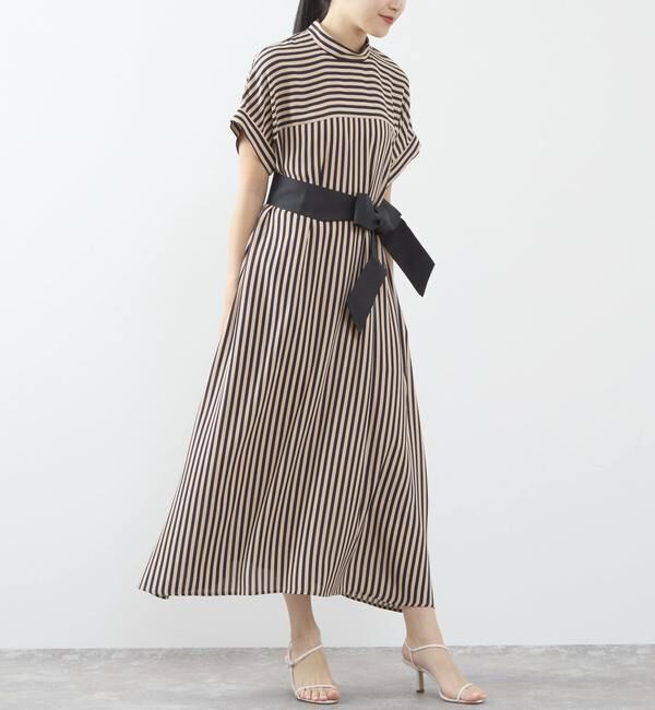 TIARA「ストライププリントバイカラーベルトワンピース」|ワンピース|ベージュ