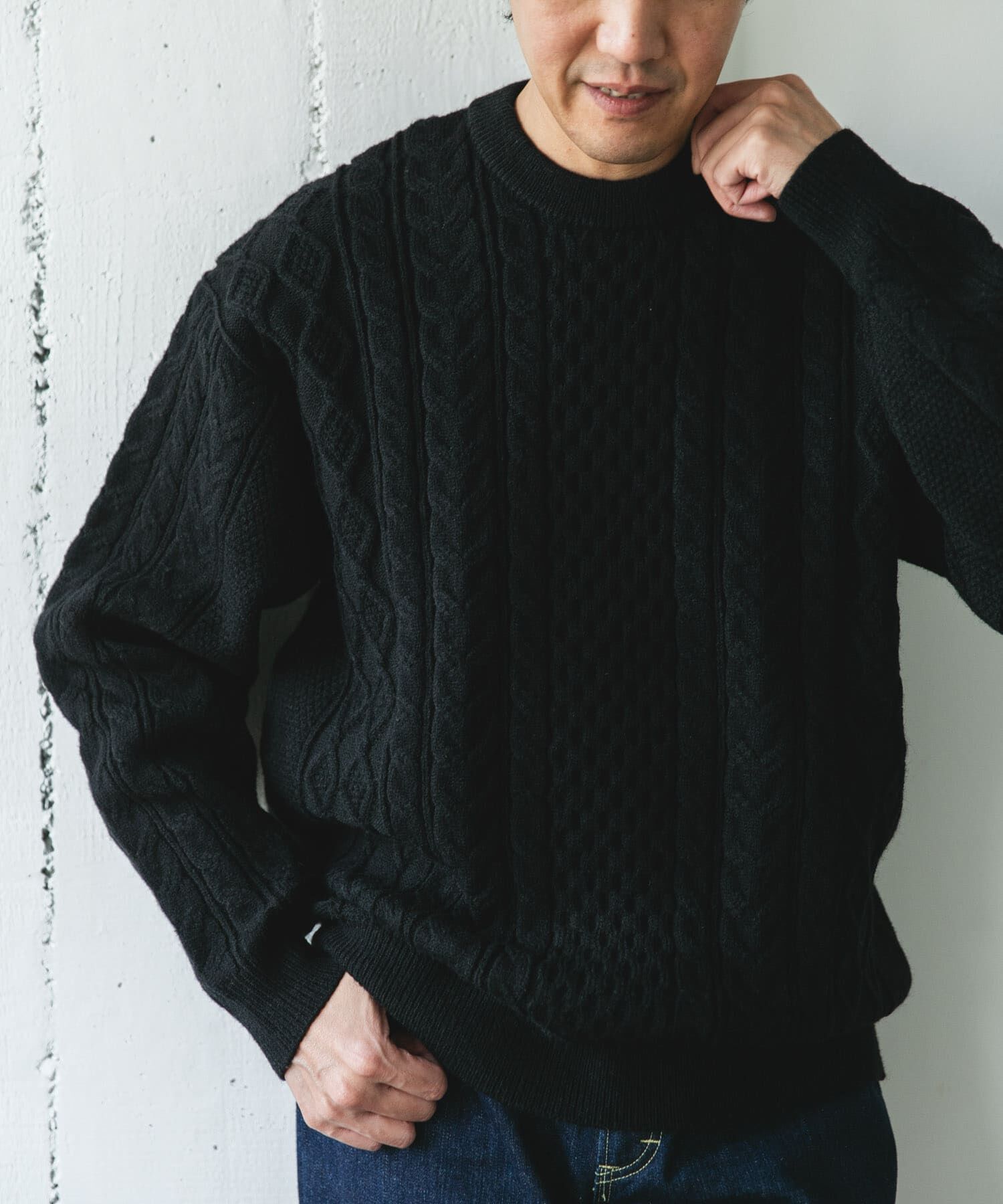 URBAN RESEARCH DOORS「アランニットクルーネックプルオーバー」|ニット・セーター|ブラック