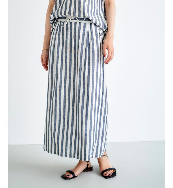  「レーヨン麻ストライプストレートスカート」|スカート|ブルー柄