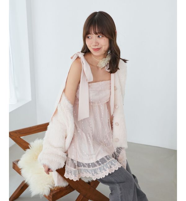  「裾レースドロストビスチェ」|キャミソール|ピンク