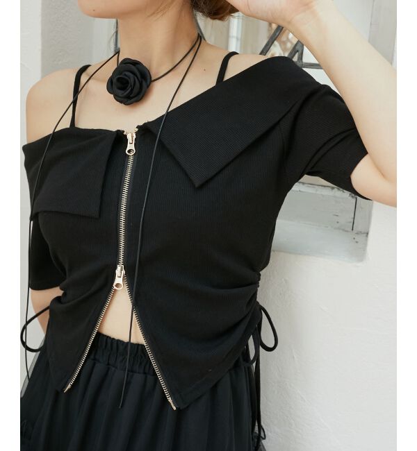  「オフショルダブルジップトップス」|Tシャツ・カットソー|