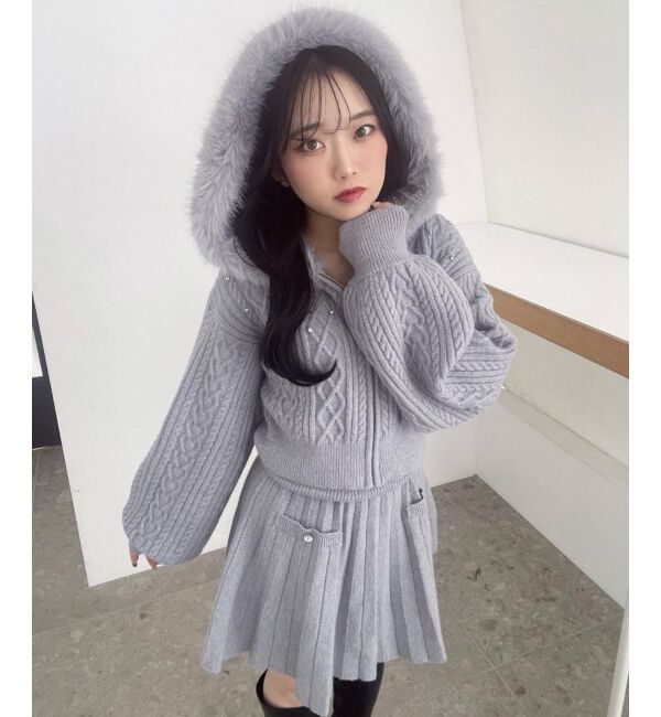  「キラキラフード付きニットパーカー」|パーカー|グレー