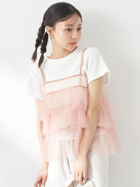earth music&ecology「チュールティアードフリルキャミソール」|ベスト・ジレ|Pink Orange