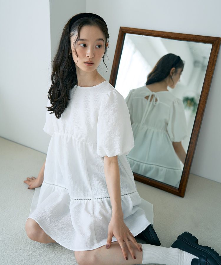 earth music&ecology「バックリボンパフスリーブミニワンピース」|ワンピース|