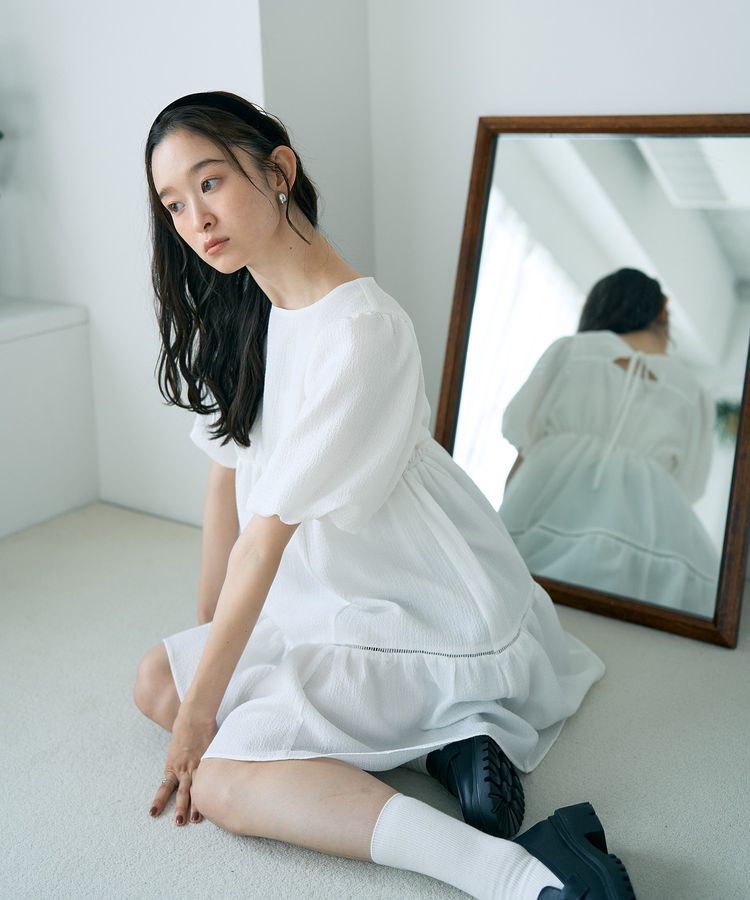 earth music&ecology「バックリボンパフスリーブミニワンピース」|ワンピース|