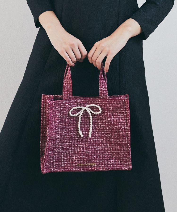 Maison de FLEUR「ピンクツイードパールリボンスクエアトートバッグ」|トートバッグ|ボルドー