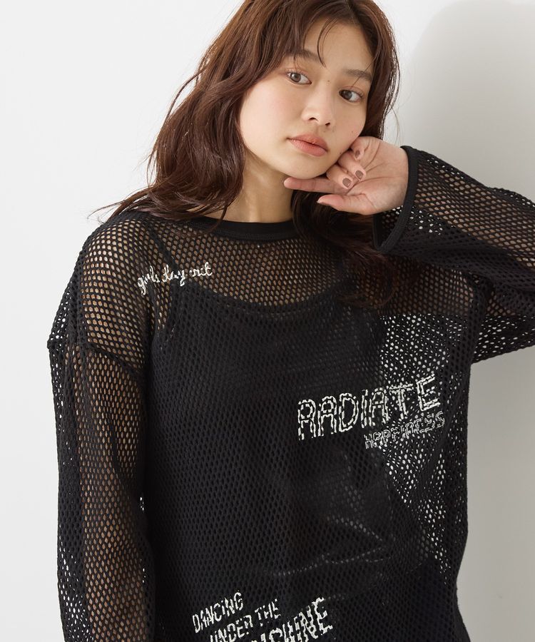 AMERICAN HOLIC「【WEB限定】ランダムロゴメッシュロングTシャツ/チュニック」|Tシャツ・カットソー|Black