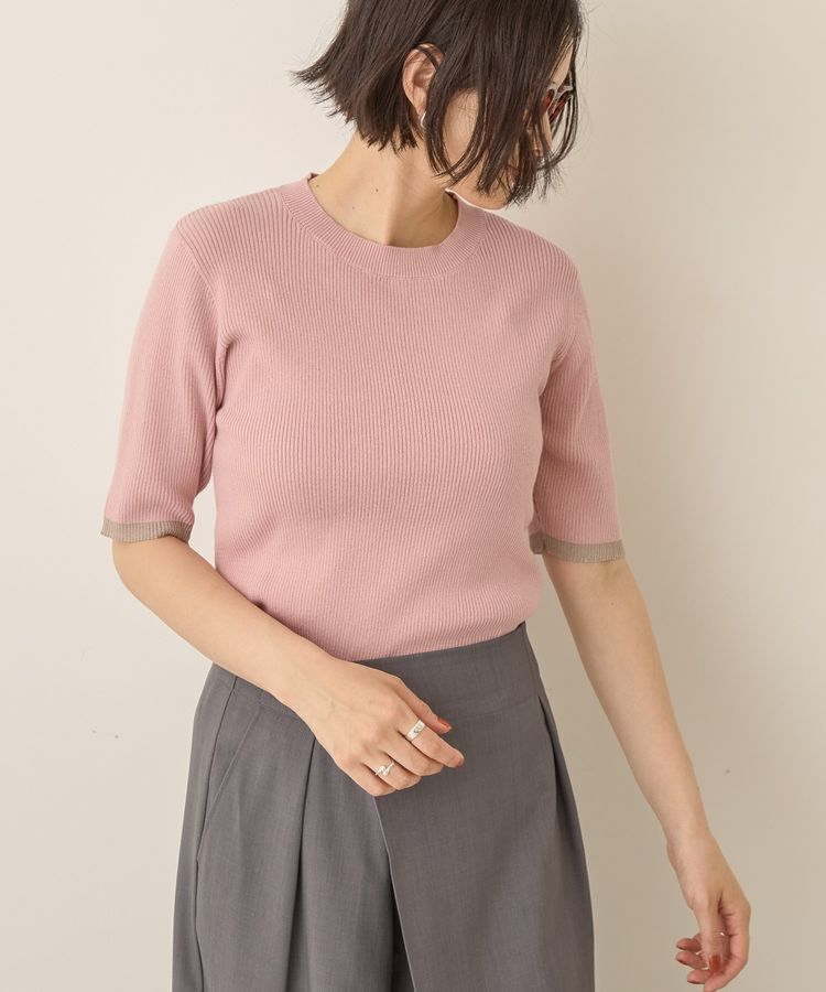 AMERICAN HOLIC「袖口バイカラー半袖ニットプルオーバー」|ニット・セーター|Pink