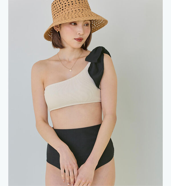 SEA DRESS「ワンショルダーデザインリブビキニ」|ビキニ|アイボリー/ブラック