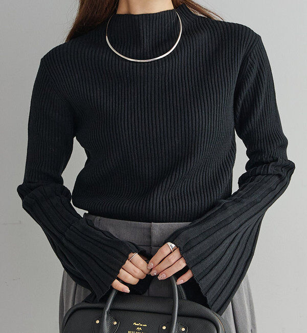  「フレアスリーブハイネックリブニットプルオーバー」|ニット・セーター|ブラック