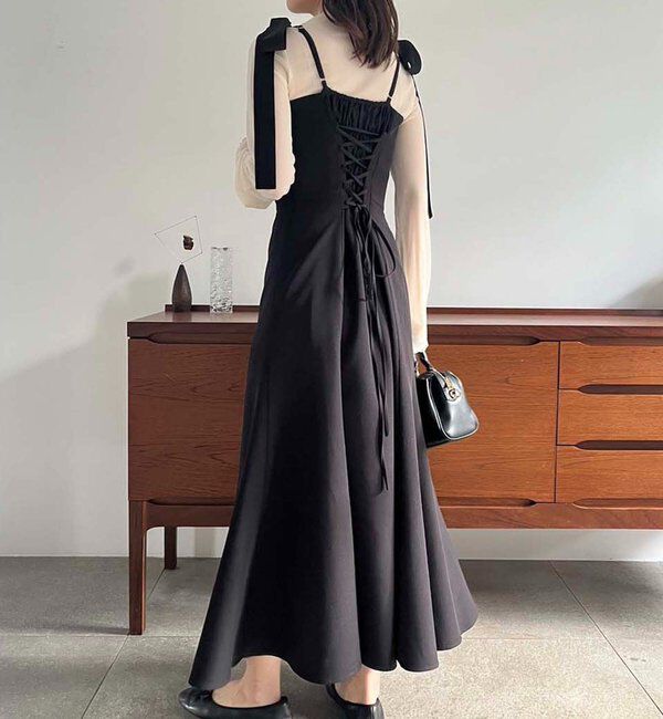  「【新色追加】着痩せ効果抜群/マイナス5キロ見えキャミワンピ」|ワンピース|ブラック