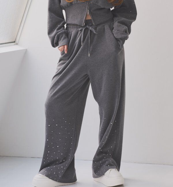  「セットアップ対応／裾ビジューカットパンツ」|その他|チャコールグレー