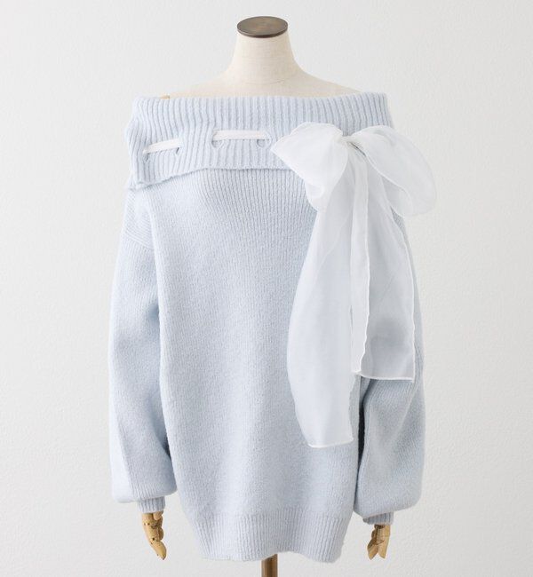  「リボン付きオフショルニットワンピ」|ワンピース|