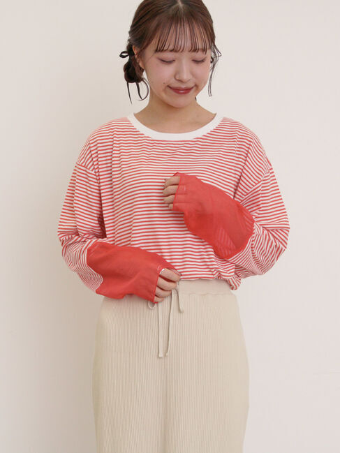 Samansa Mos2「袖切替シアーボーダーTシャツ」|Tシャツ・カットソー|オレンジ