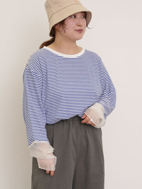 Samansa Mos2「袖切替シアーボーダーTシャツ」|Tシャツ・カットソー|ブルー