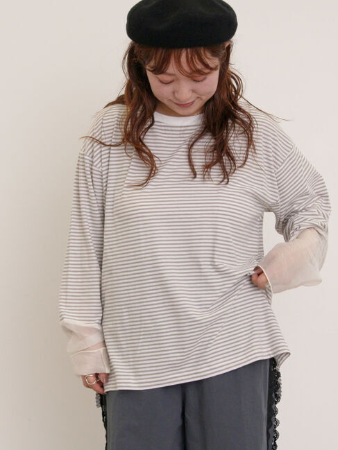Samansa Mos2「袖切替シアーボーダーTシャツ」|Tシャツ・カットソー|グレー