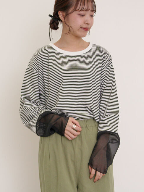 Samansa Mos2「袖切替シアーボーダーTシャツ」|Tシャツ・カットソー|ブラック