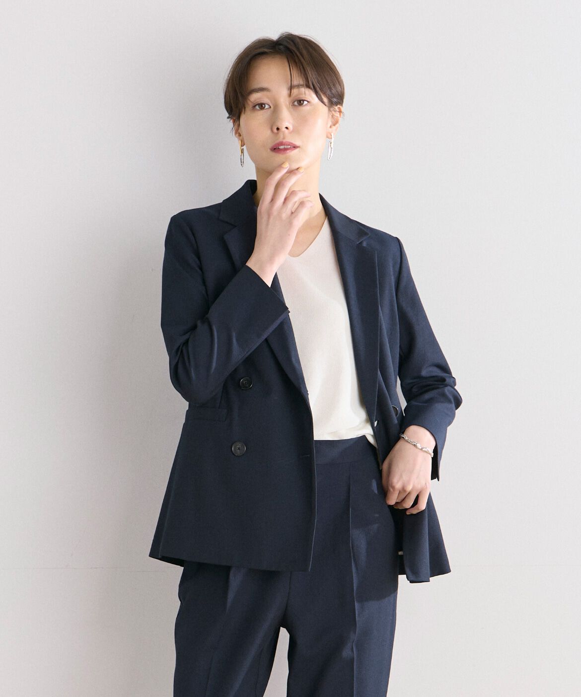 INED「《大きいサイズ》綿麻オックスダブルジャケット」|テーラードジャケット|ネイビー