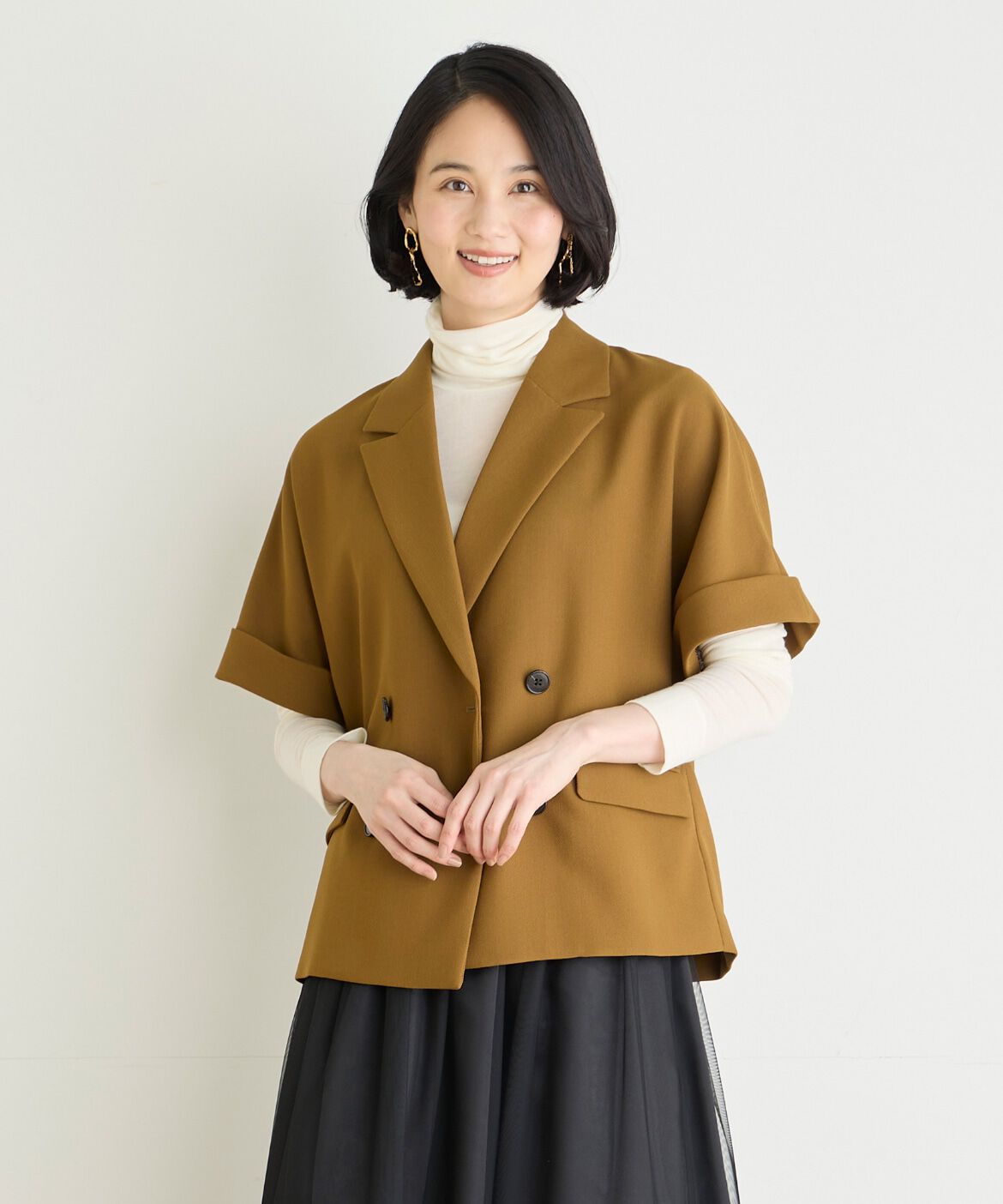 7-IDconcept.「《大きいサイズ》ハーフスリーブジャケット」|ノーカラージャケット|キャメル1
