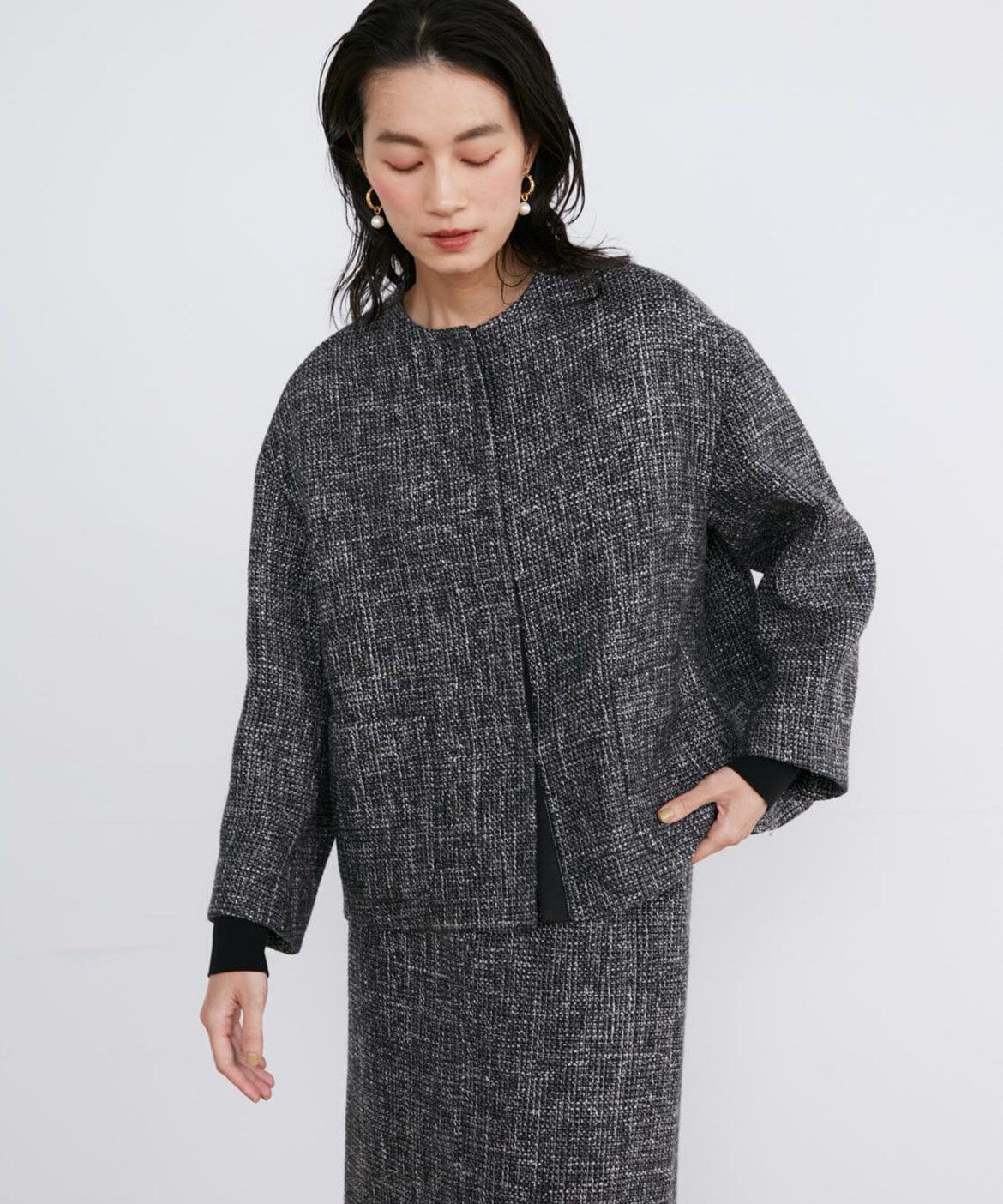 INED「ツイードノーカラージャケット」|ノーカラージャケット|