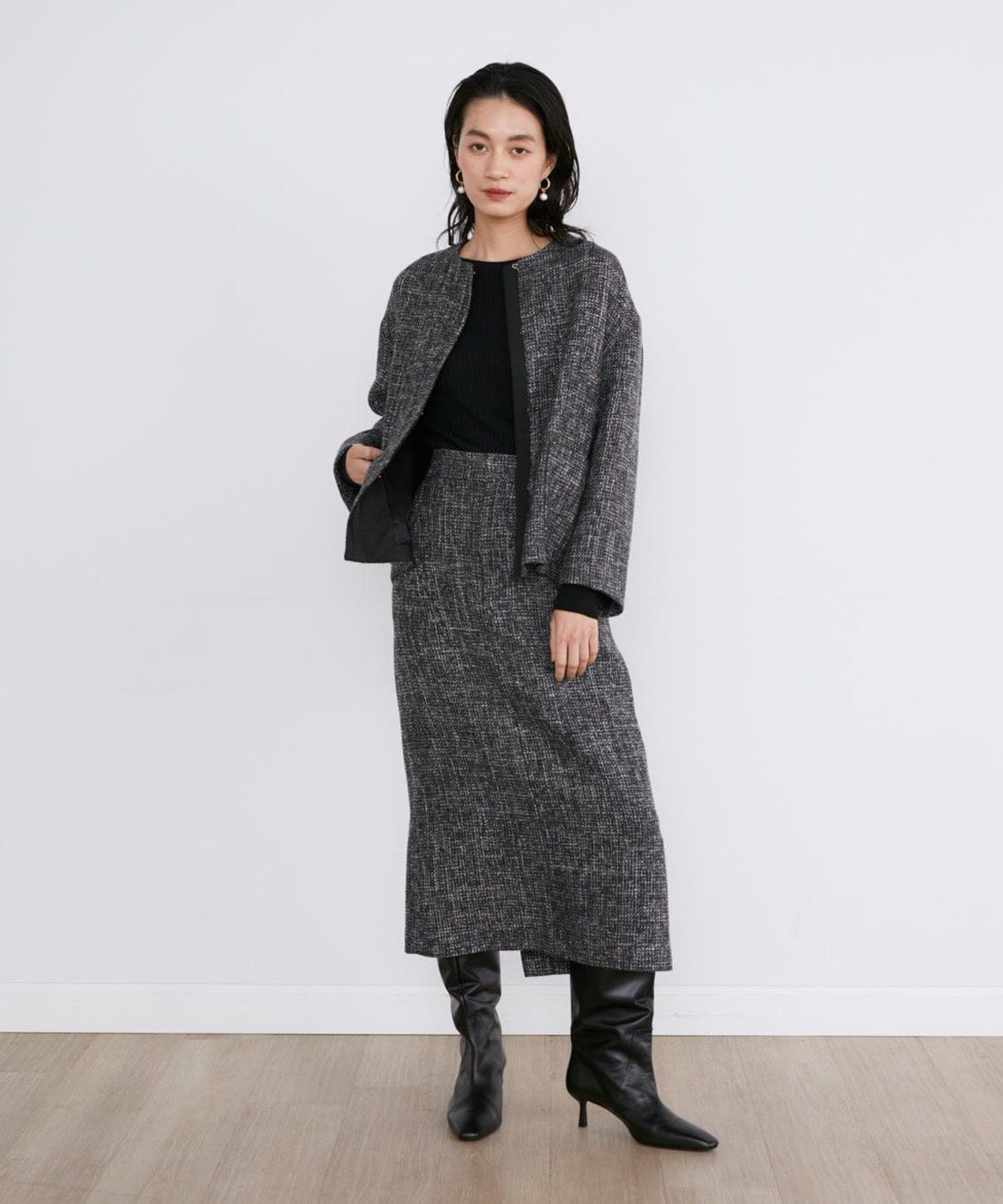 INED「ツイードノーカラージャケット」|ノーカラージャケット|