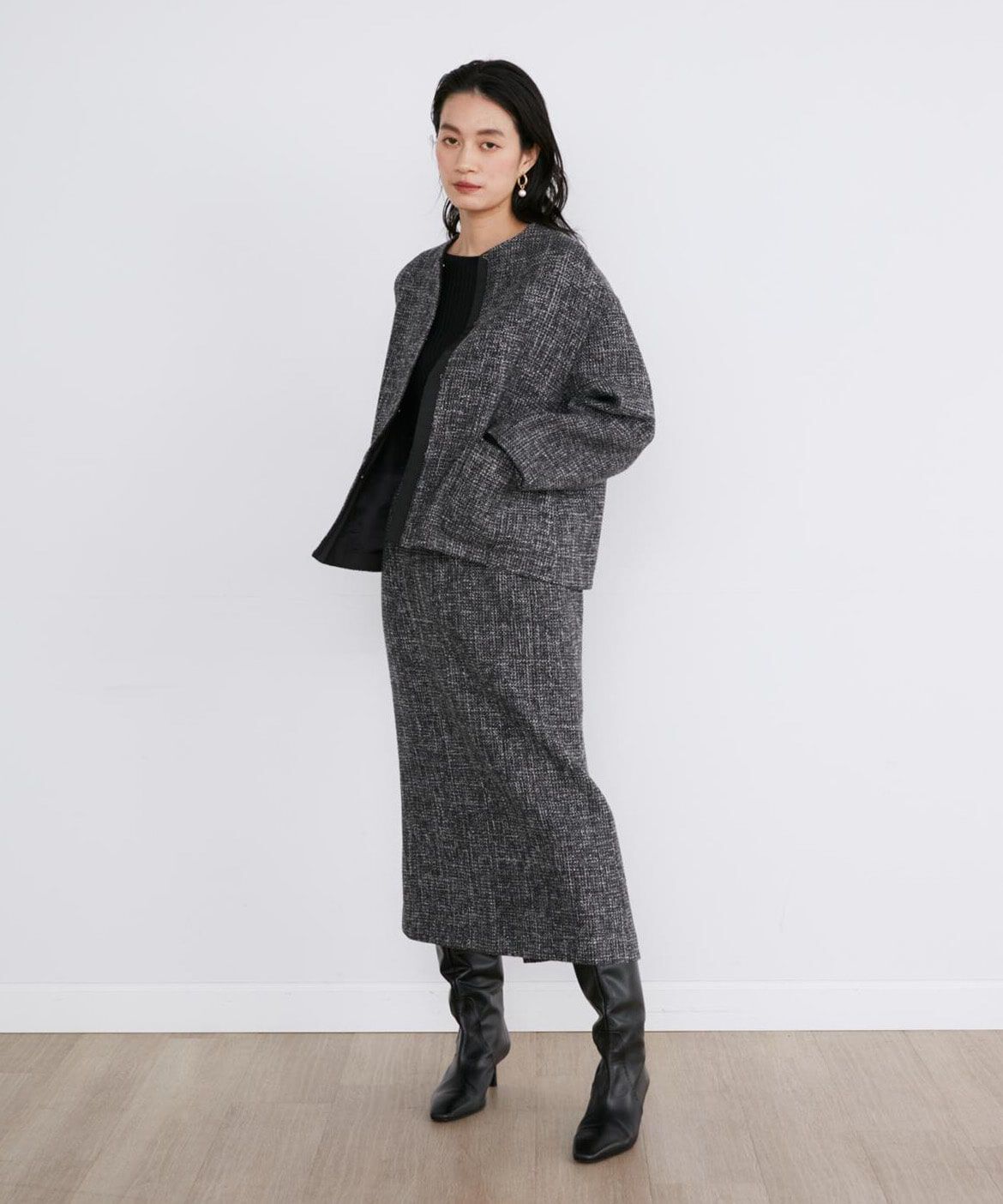 INED「ツイードノーカラージャケット」|ノーカラージャケット|