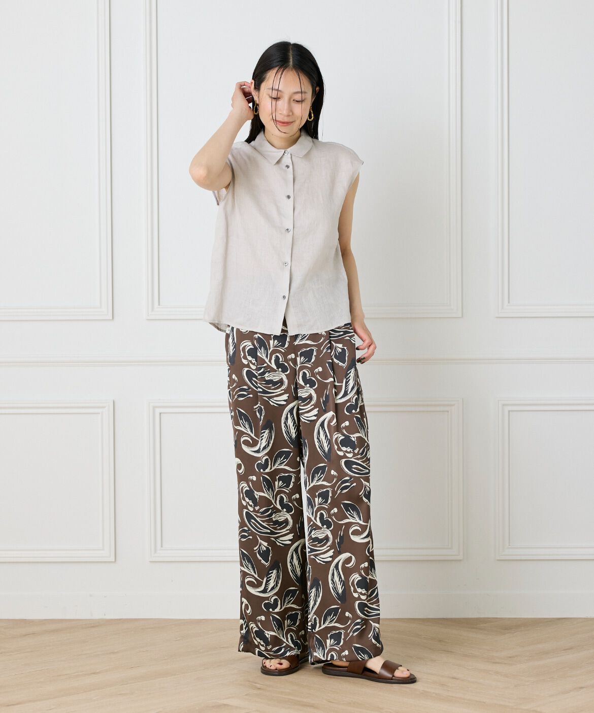 INED「《大きいサイズ》リネンフレンチスリーブシャツブラウス」|シャツ・ブラウス|