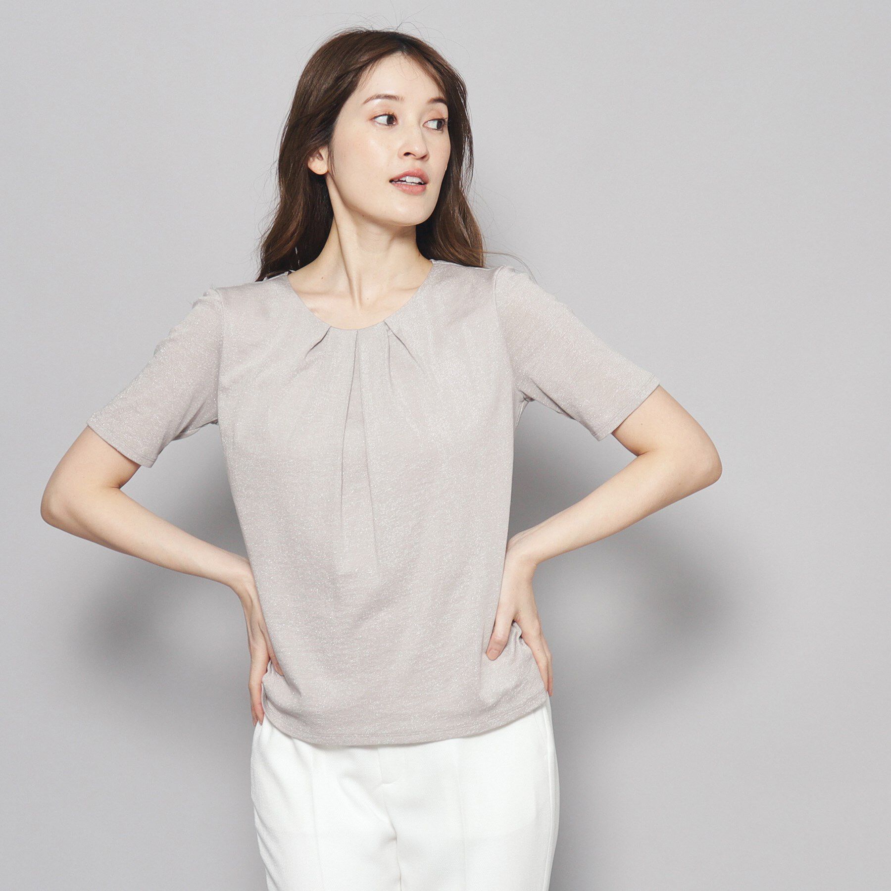 COUP DE CHANCE「【洗える／日本製／ラメ入り】上品ラウンドネックプルオーバー」|Tシャツ・カットソー|モカブラウン(042