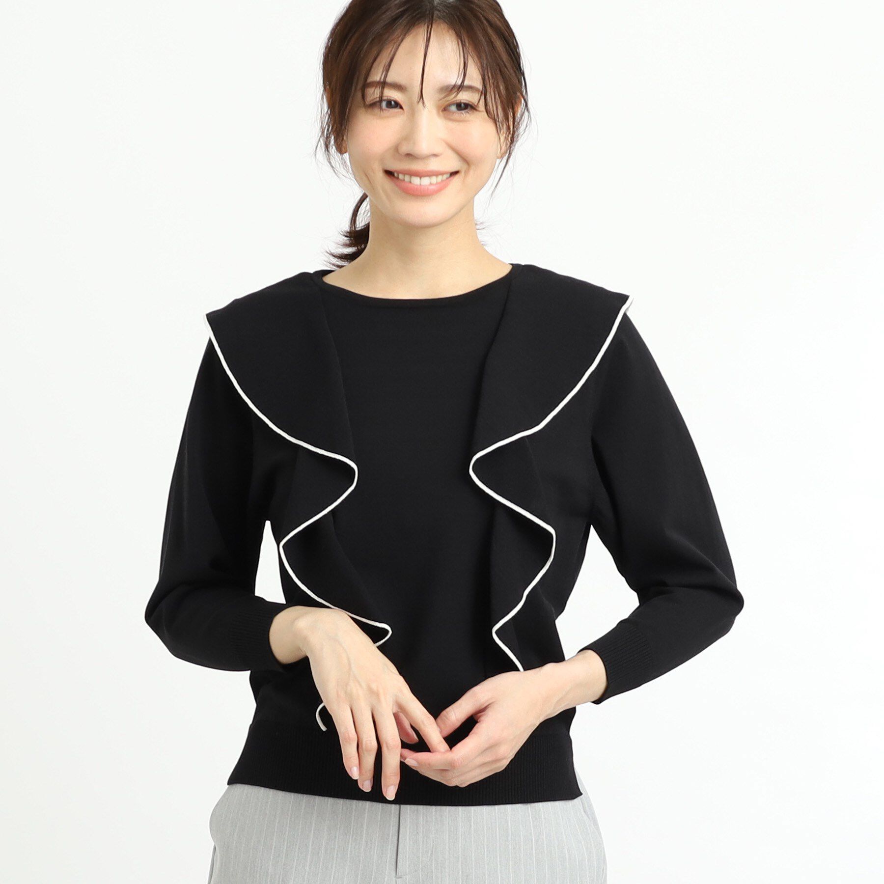 Reflect「ラッフルフリルプルオーバーニット」|ニット・セーター|ブラック(519)