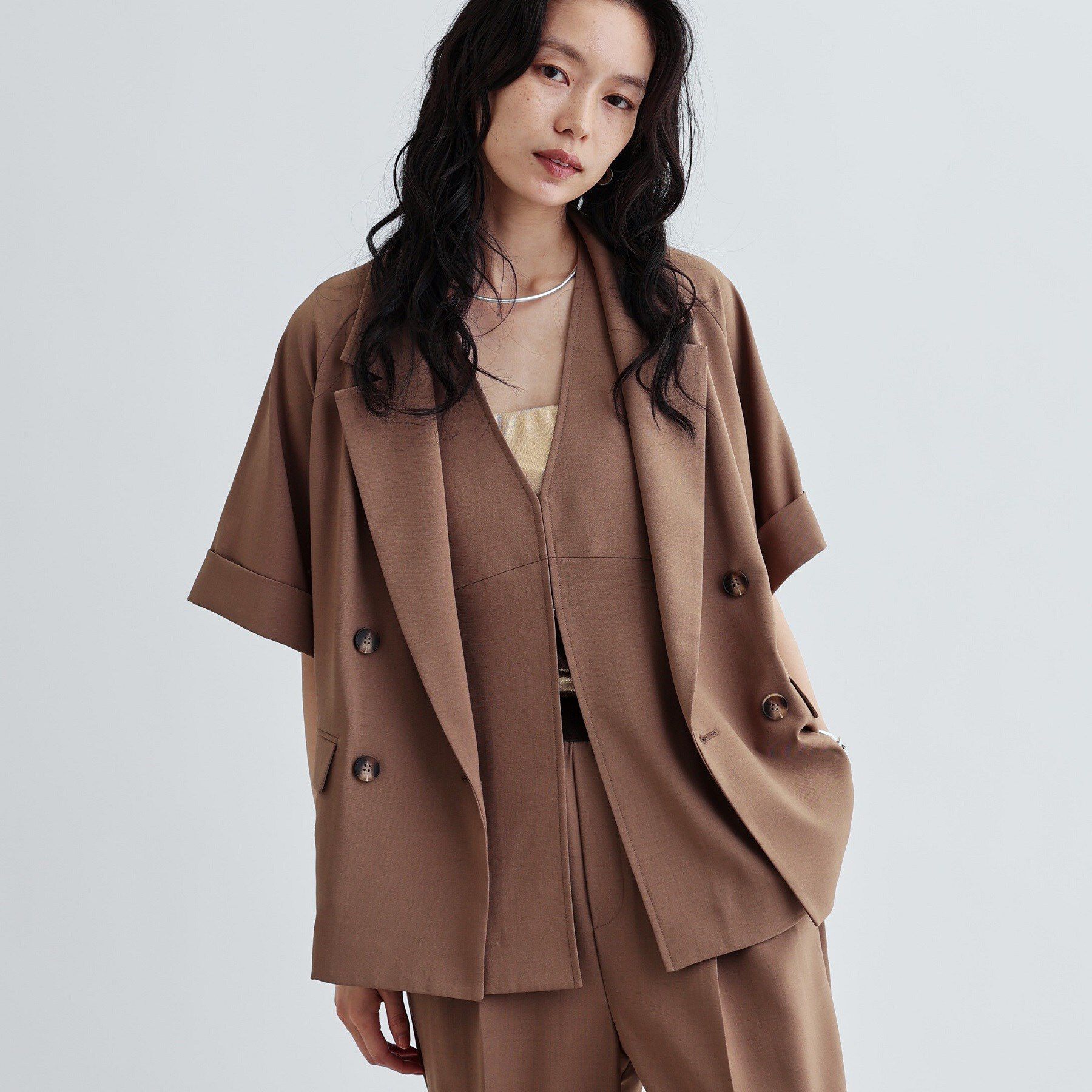 GALLEST「【セットアップ対応】イージーダブルブレスト半袖ジャケット」|テーラードジャケット|キャメルブラウン(0