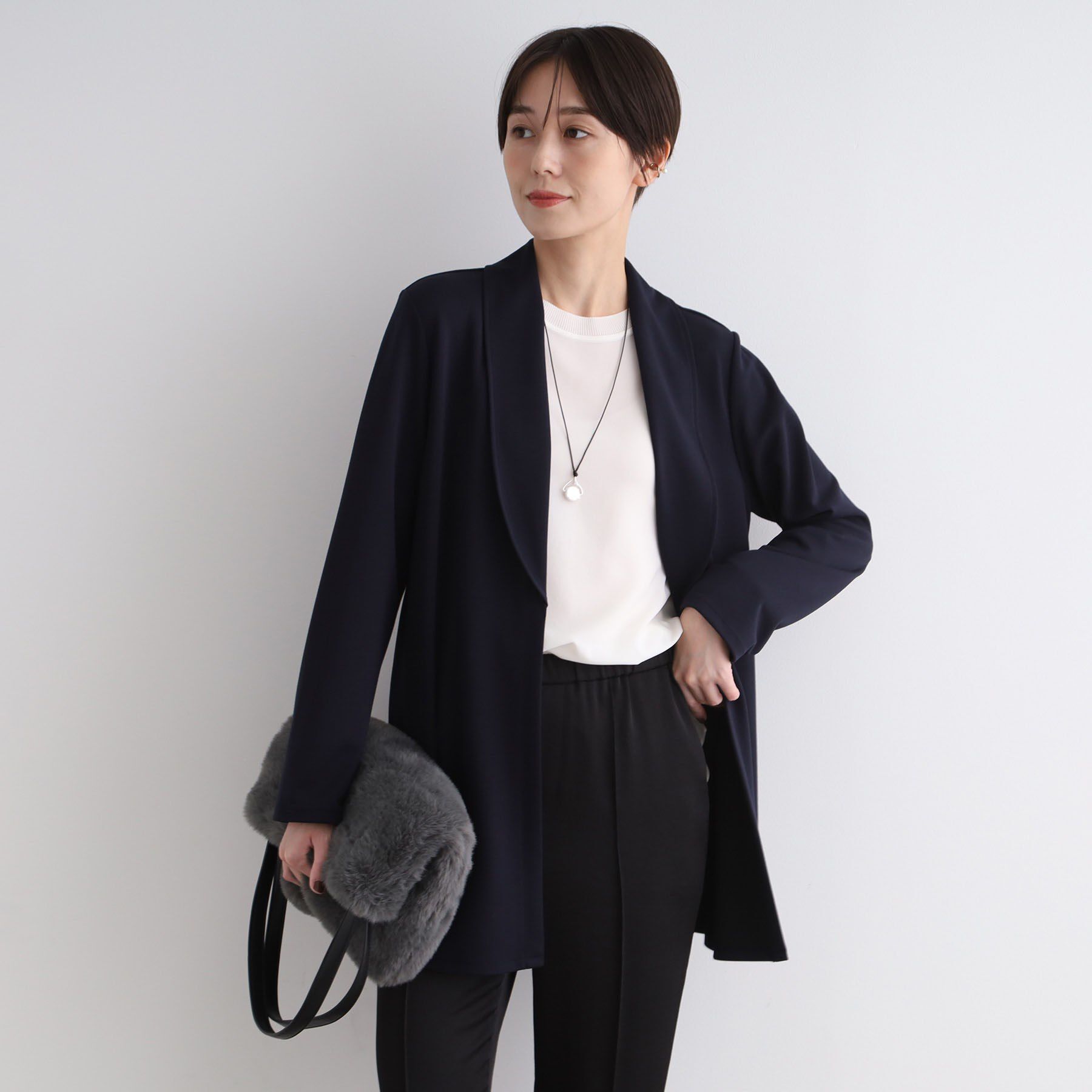 INDIVI「【洗える】ショールカラーきれいめジャージジャケット」|テーラードジャケット|ネイビー(094)