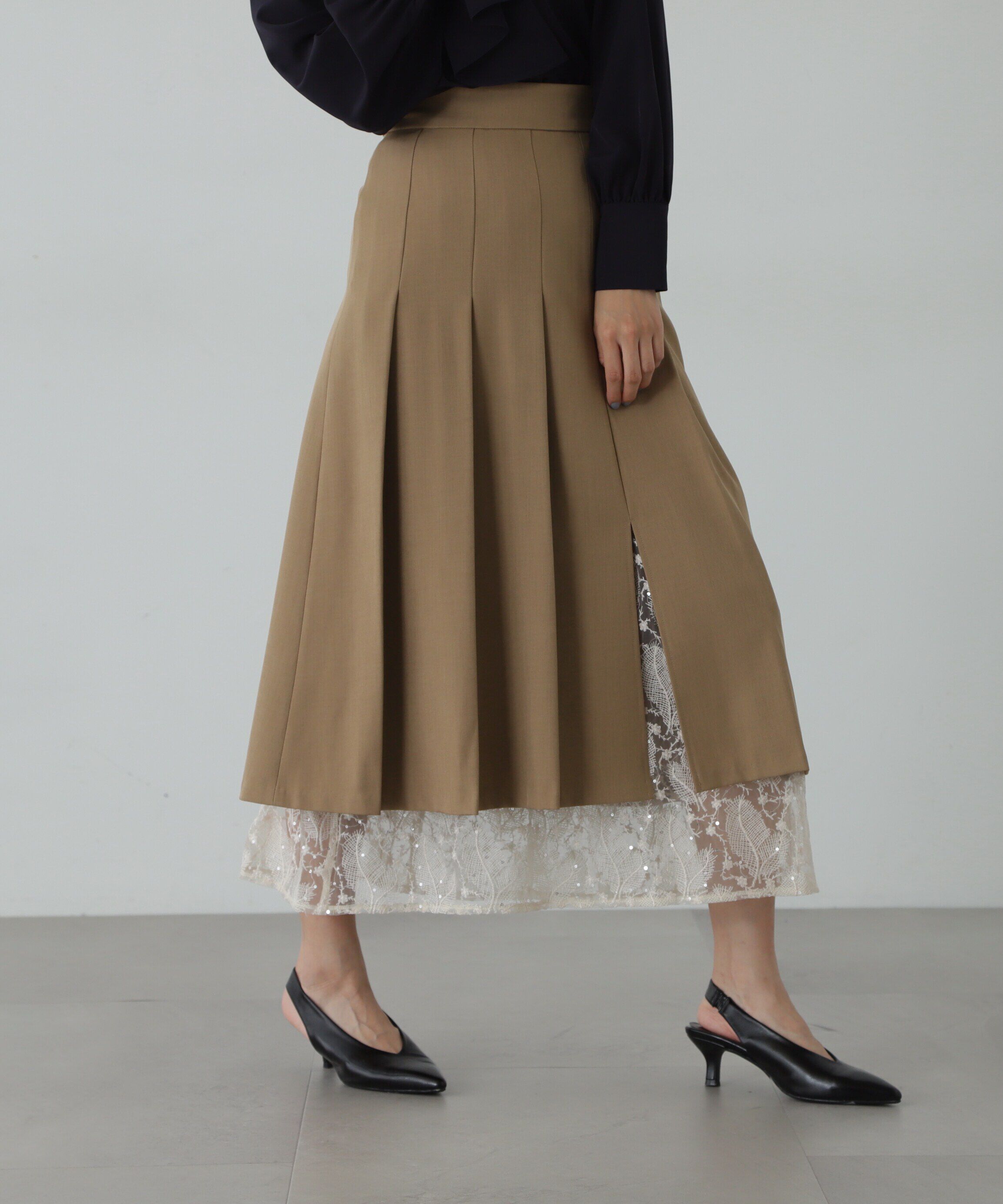  「レースレイヤードプリーツスカート」|スカート|ベージュ