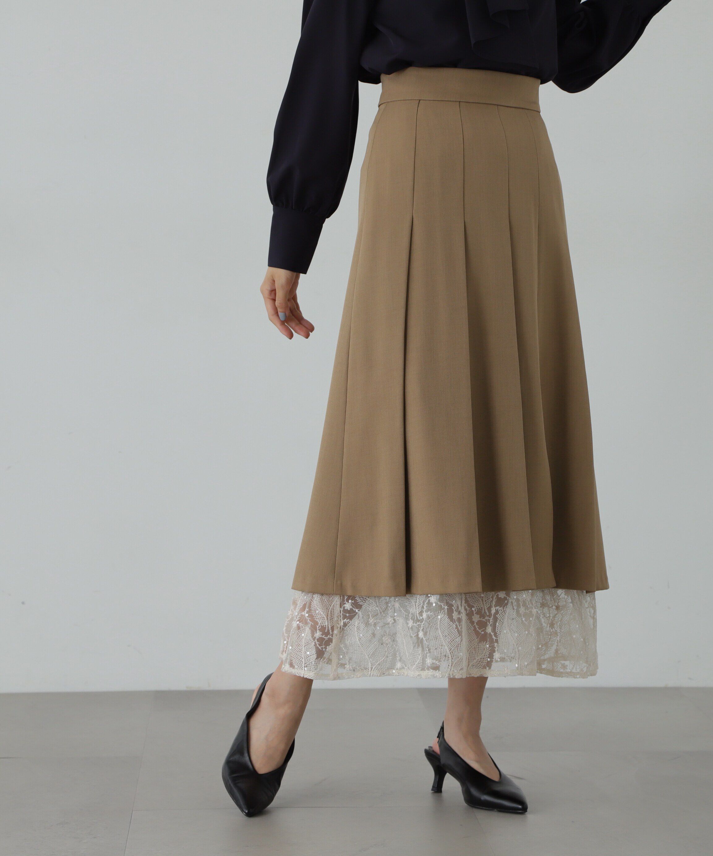  「レースレイヤードプリーツスカート」|スカート|